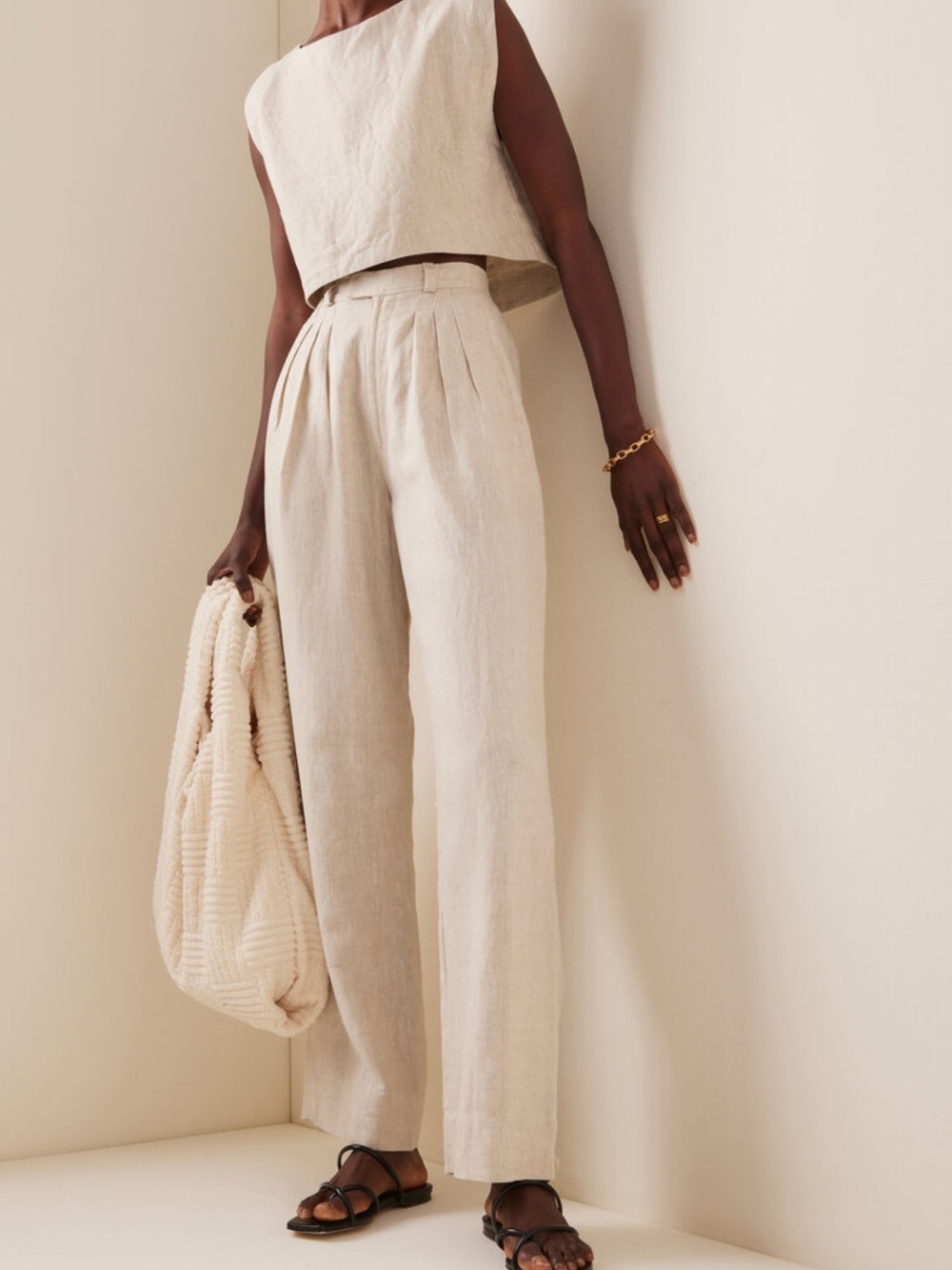 Posse Linen Martine Crop Top and Louise Pleated Wide Pants Set  - Sand